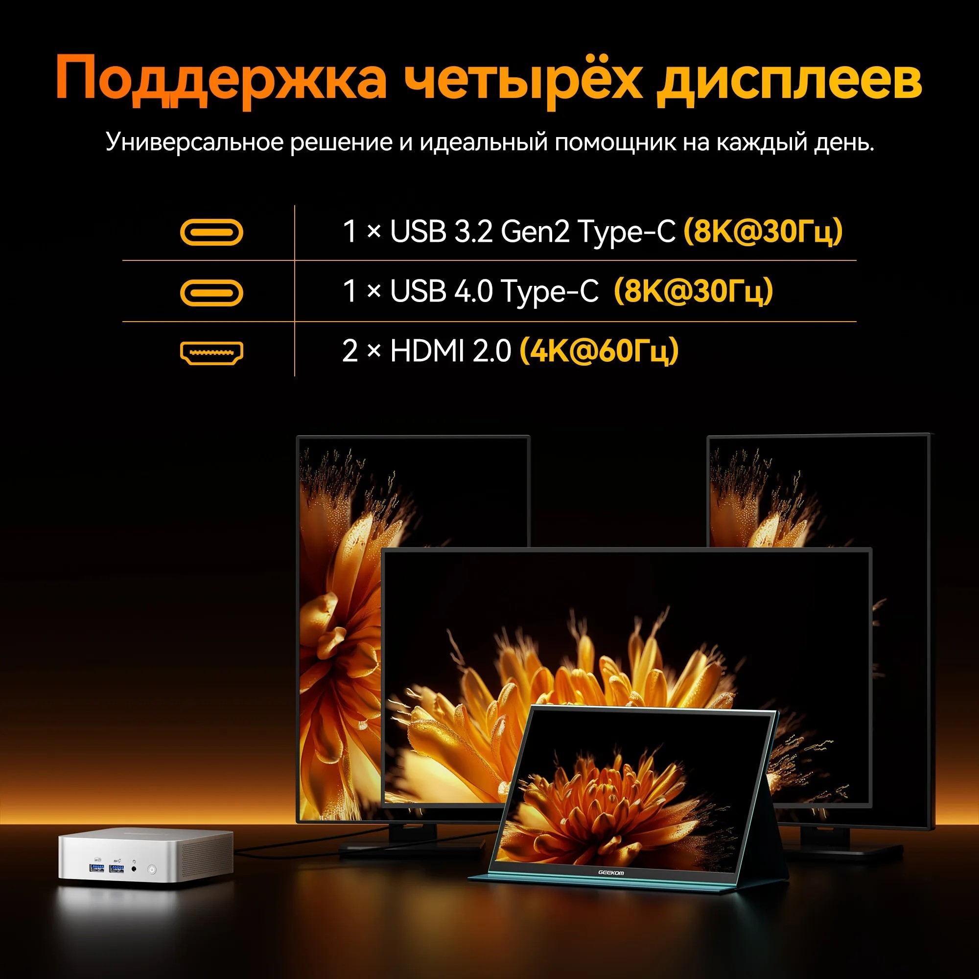 GEEKOM GMA8R98945HS -321-EU Мини ПК A8, GMA8R98945HS -321-EU, AMD Ryzen 7 8945HS, 32GB+1TB, WIN11 Pro