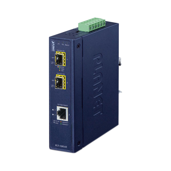 IGT-1205AT Медиа конвертер Planet IP30 Industrial 10/100/1000T to 2-Port 100/1000X SFP Gigabit Media Converter -40 to 75 degree C
