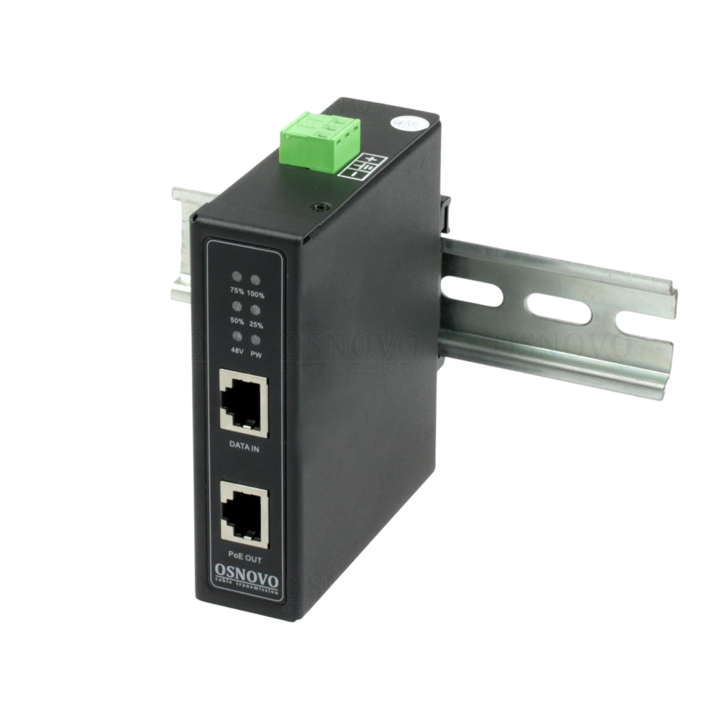 OSNOVO Midspan-1/903XBooster Промышленный PoE-инжектор 10G Ethernet на 90W с бустером напряжения. Соответствует стандартам PoE IEEE 802.3af/at/bt. Автоматическое определение PoE устройств. Мощность PoE - до 90W. Поддержка скорости 10/100/1000/2,5G/5G/10G Base-T. вх. - RJ45 10/100/1000/2,5G/5G/10GBase-T, вых. - RJ4510/100/1000/2,5G/5G/10G Base-T, PoE, IEEE 802.3af/at/bt. Встроенная грозозащита 6kV.РазмерыШхВхГ: 30x105x89 мм. Металлический корпус. Монтаж на DIN-рейку и на стену.