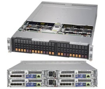 Сервер Supermicro 2U/4 nodes x 2CPU/6x 2.5" (4x NVMe + 2 SATA3, or 6 SATA3)/8x AMD Rome 7742 64C 2.25G 225W/64x 32GB DDR4-3200 2Rx4 LP ECC/4x 960Gb, NVMe SSD/ ConnectX-6 VPI 1P 200G/4x SIOM 2-port GbE RJ45 Intel i350/2x 2200W PSU, 2x Power Cord AS-2124BT-HNTR