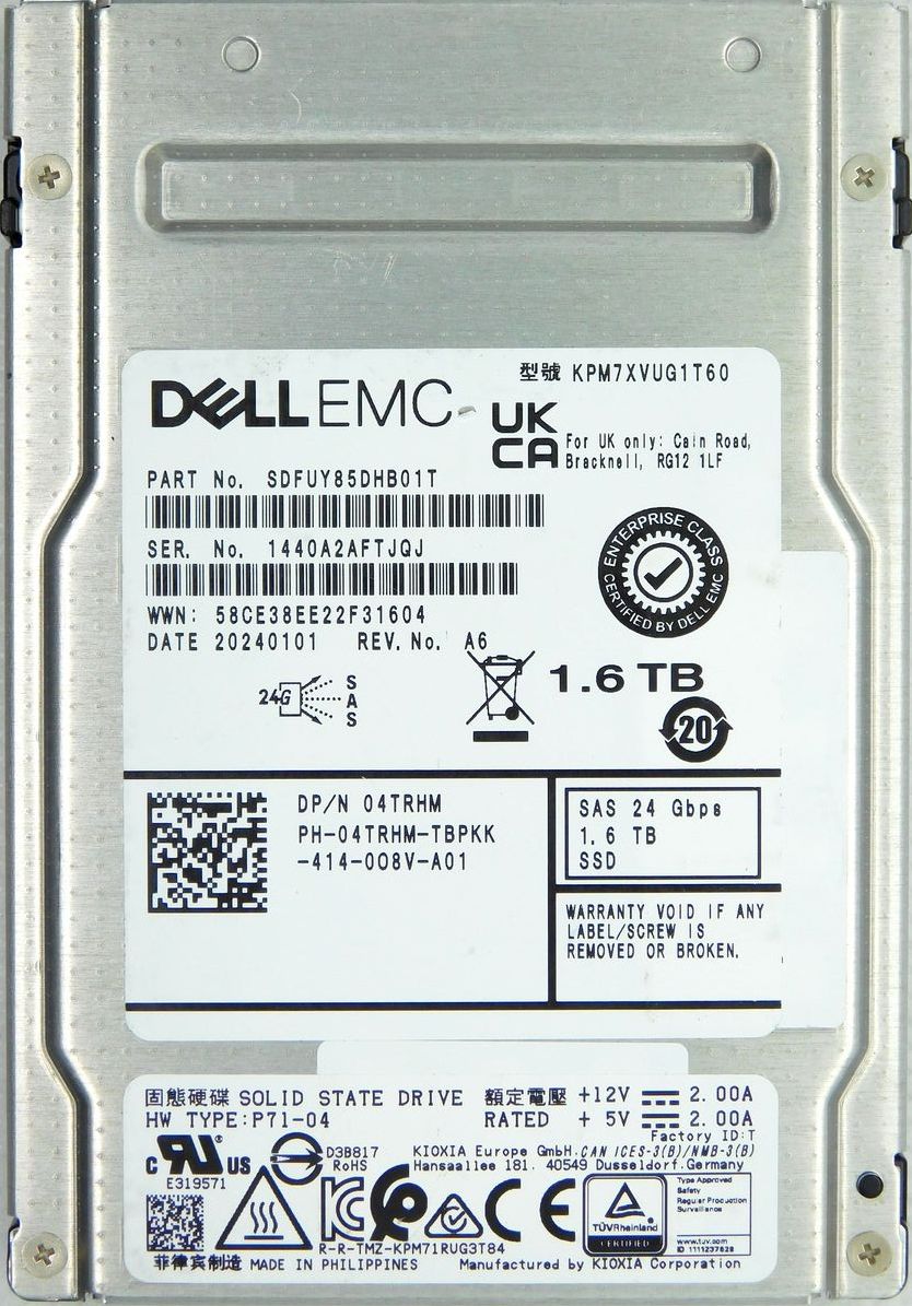 SSD диск KIOXIA SSD PM7-V, 1600GB, 2.5" 15mm, SAS 24G, TLC, R/W 4200/3400 MB/s, IOPs 720K/320K, TBW 8760, DWPD 3 12 мес.
